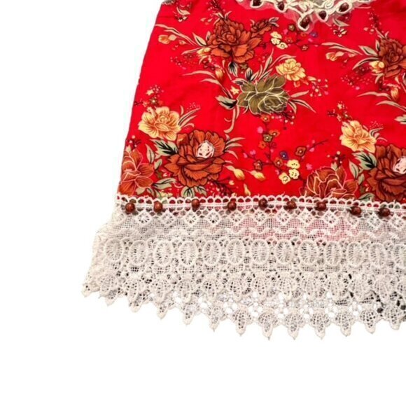 Beaded Crochet Trim Halter Tank Top Red‎ Floral XS S BOHO Hippie Western Beach - Picture 2 of 12